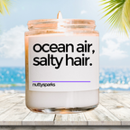 a jar of ocean air, salty hair on a wooden table