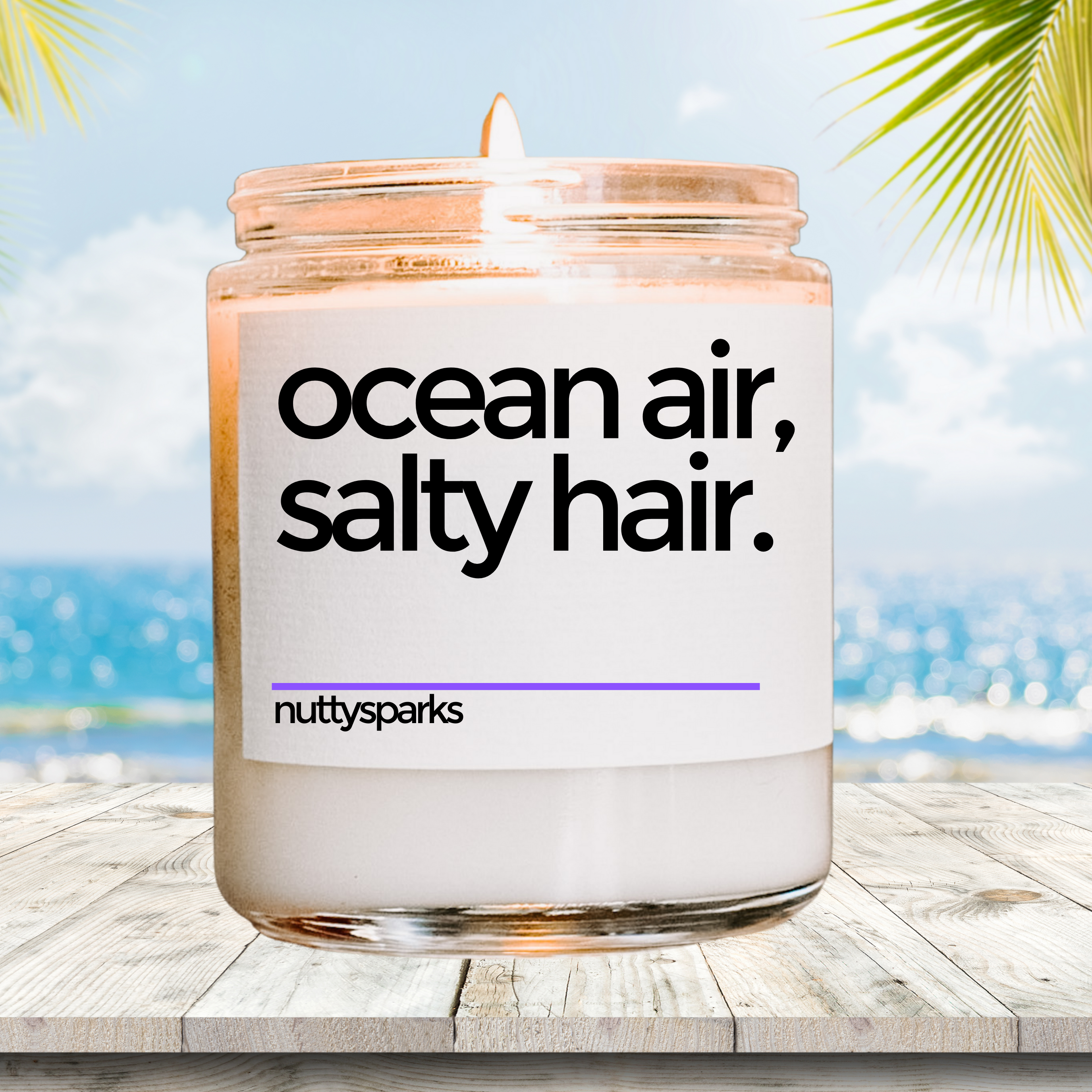a jar of ocean air, salty hair on a wooden table
