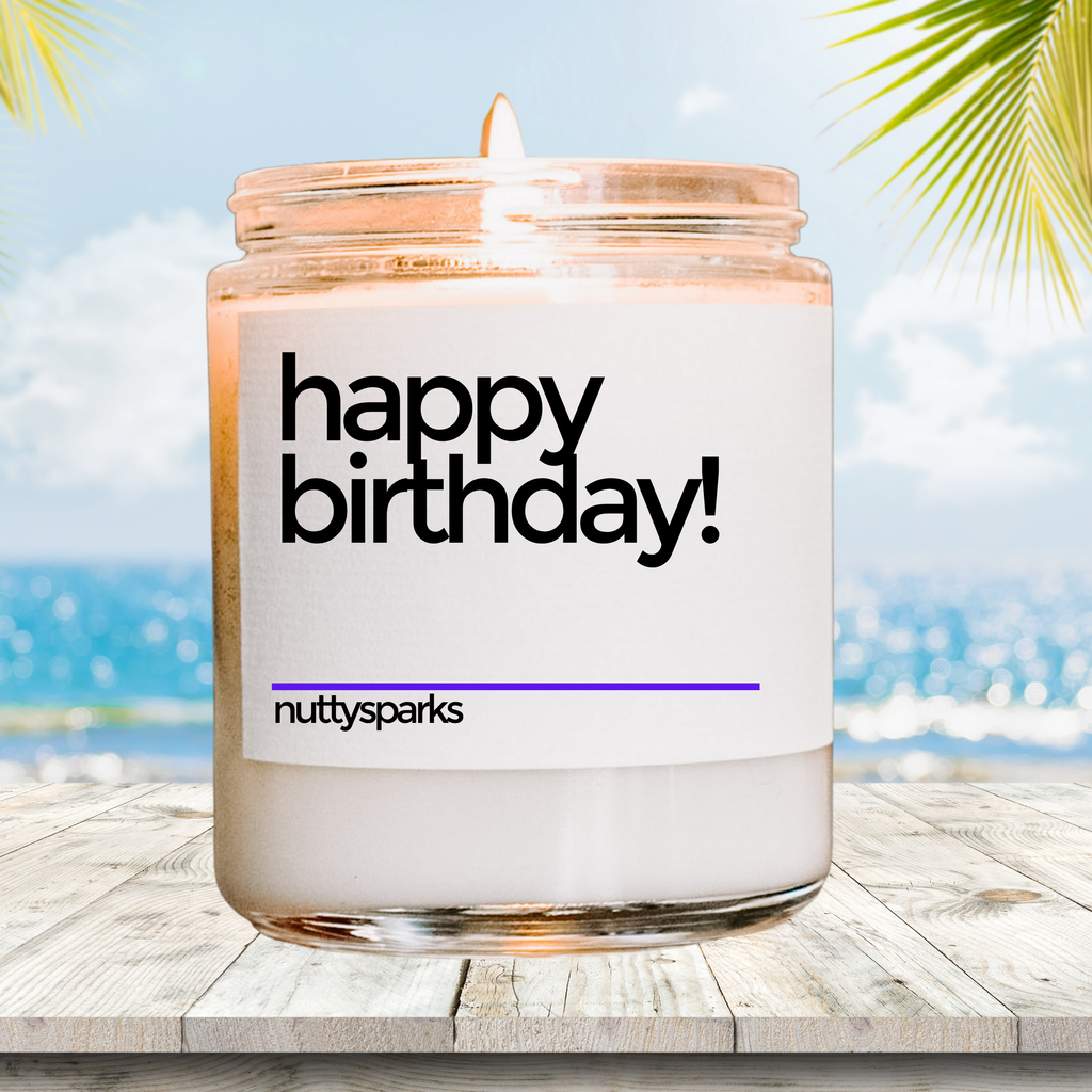 a jar of birthday candles sitting on a wooden table
