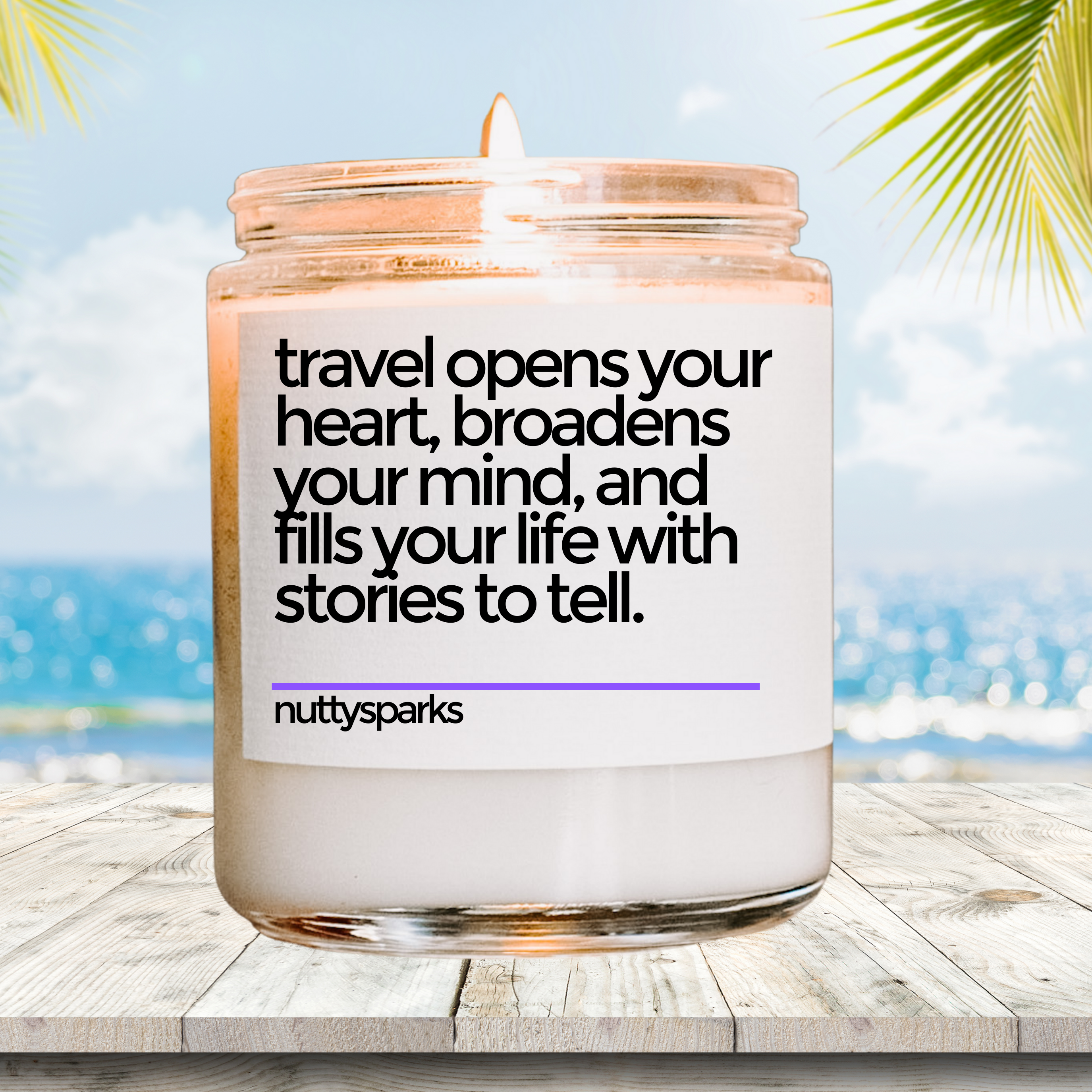 a candle with a quote on it sitting on a table