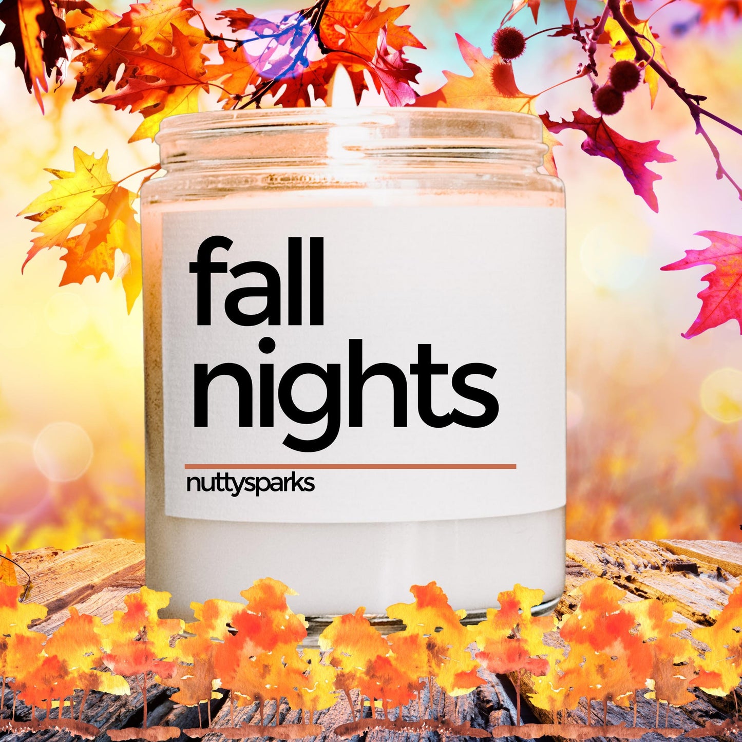 a jar of fall nights surrounded by leaves