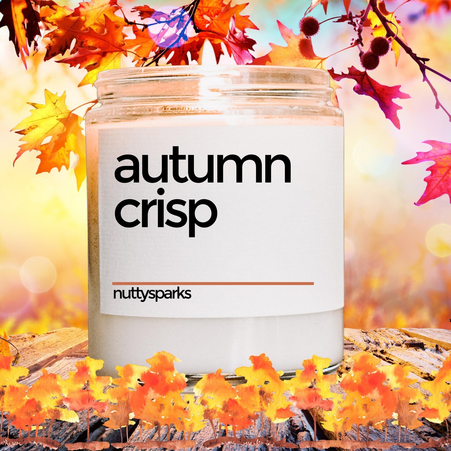 a jar of autumn crisp sits on a table surrounded by autumn leaves