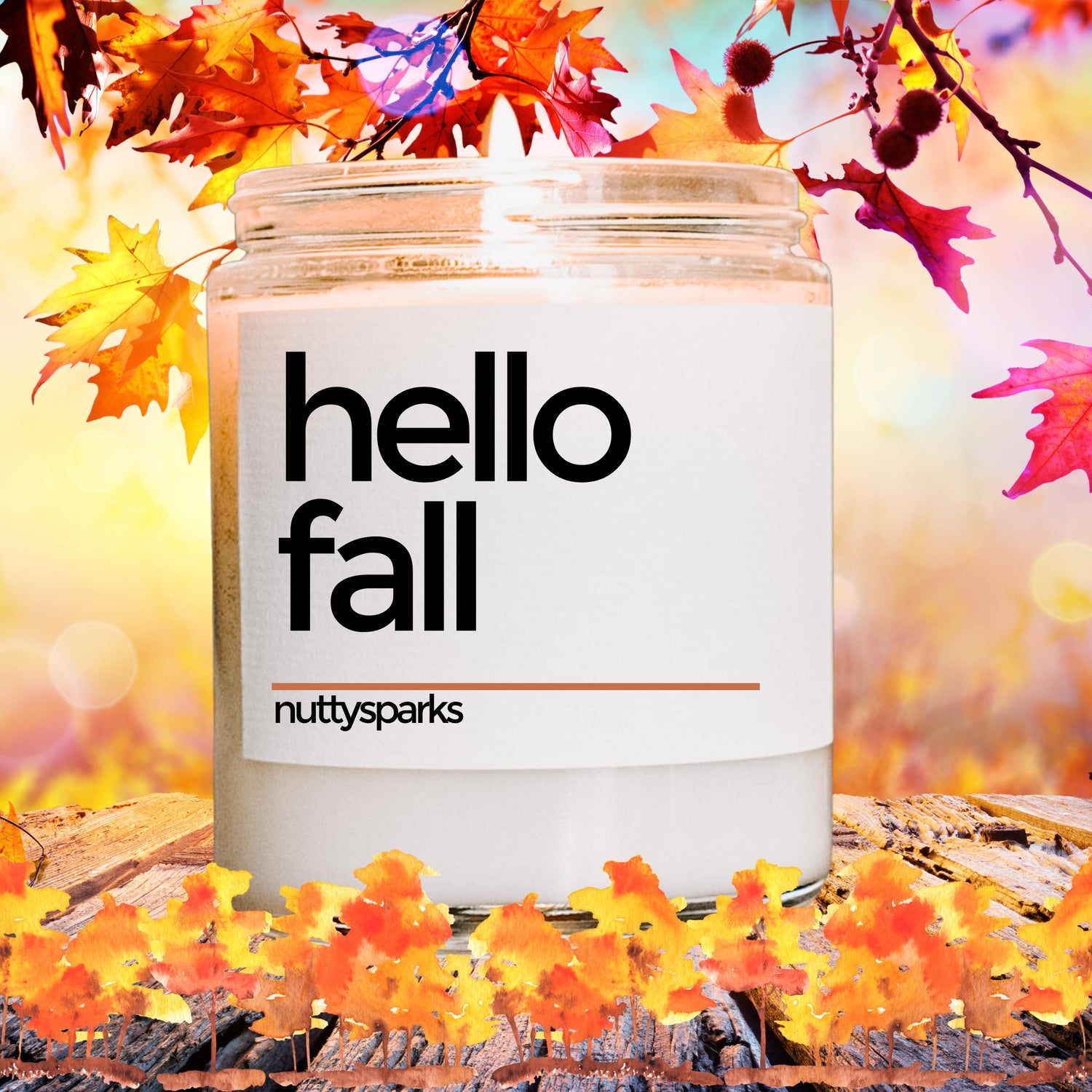 a jar of hello fall surrounded by fall leaves