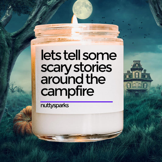 a candle with the words let's tell some scary stories around the campfire