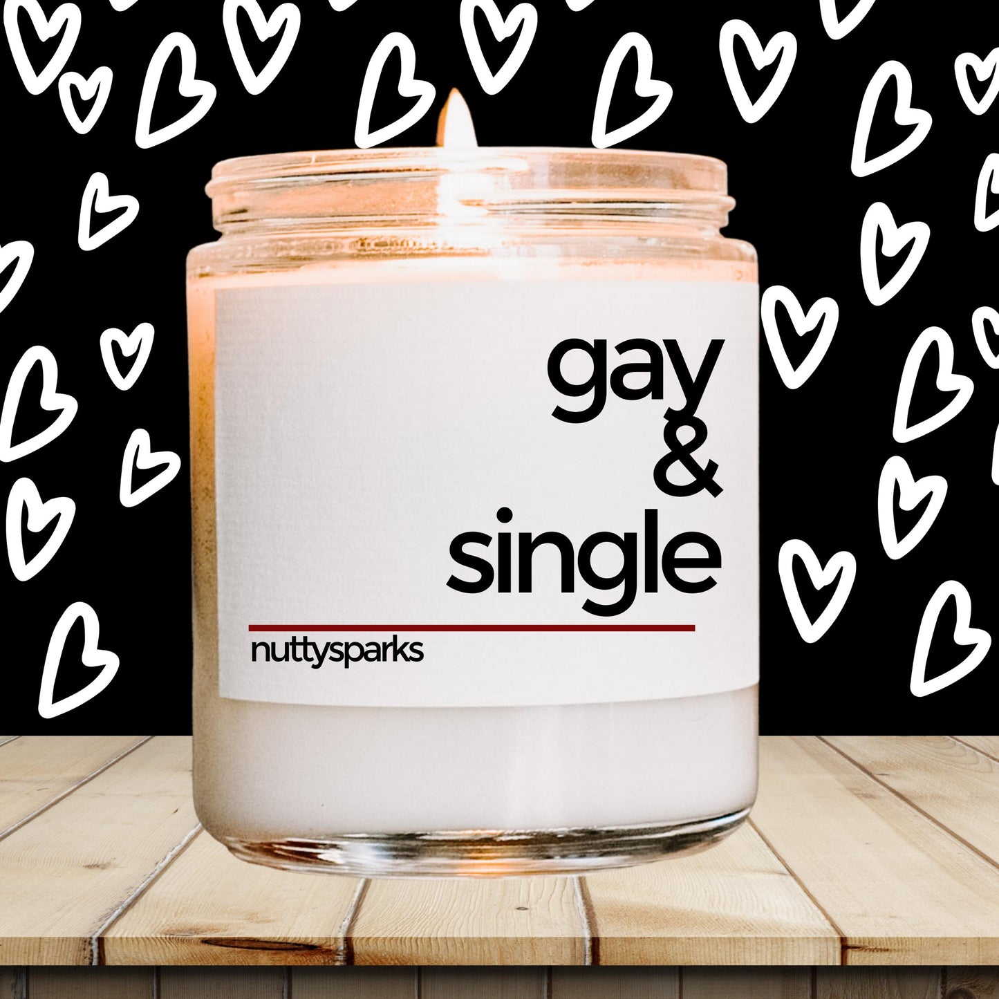 a jar of gay and single candles sitting on a table